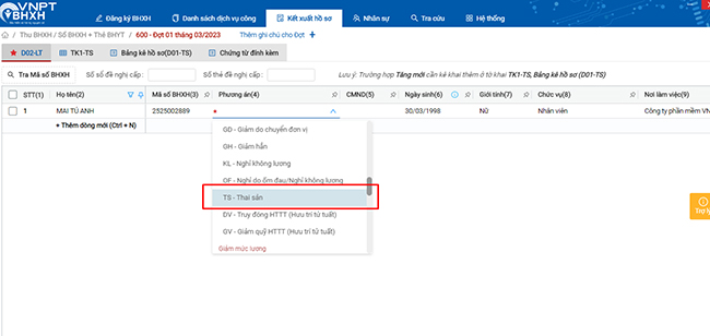 Chọn mã TS – Thai sản để báo giảm cho NLĐ nghỉ hưởng thai sản