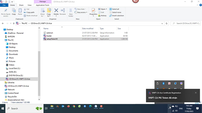 Thiết bị máy tính thông báo đã cài đặt phần mềm VNPT CA Token