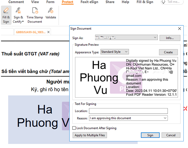 Chọn Protect] > [Sign & Certify], chọn hình thức ký, ký rồi tích Create.