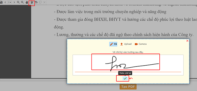 Chọn biểu tượng ký hình bút, thực hiện ký theo hình thức phù hợp rồi tích [Thêm chữ ký].