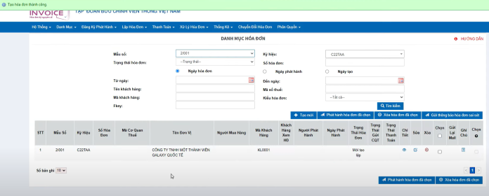 Sau khi ấn Tạo mới, người dùng sẽ được điều hướng sang trang Danh mục hóa đơn để thực hiện lệnh Xuất hóa đơn điện tử